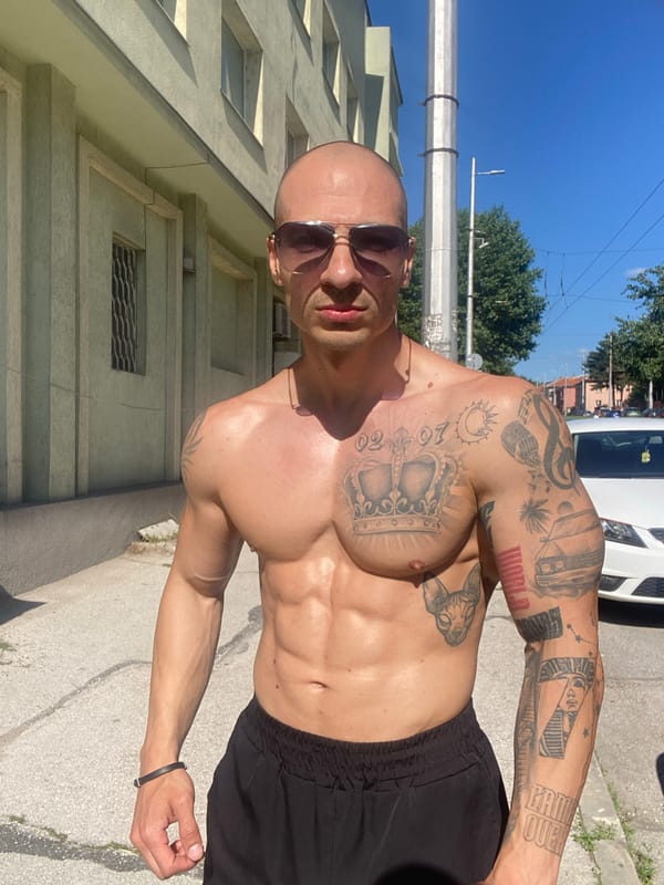 Tattooed man photographed at gym, outdoor locations in Pleven