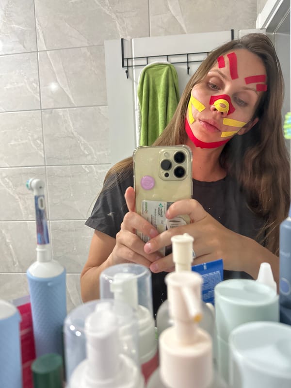 Woman applies kinesiology tape to face in Fethiye bathroom