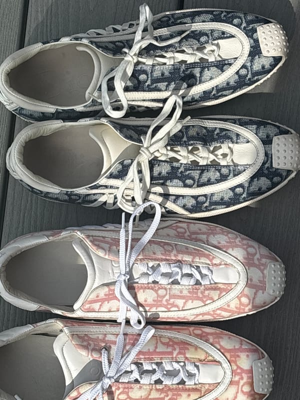 Two pairs of patterned sneakers photographed in Leeds
