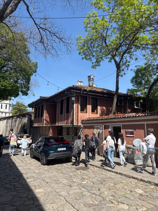 Street scene captured in Plovdiv showing terracotta building