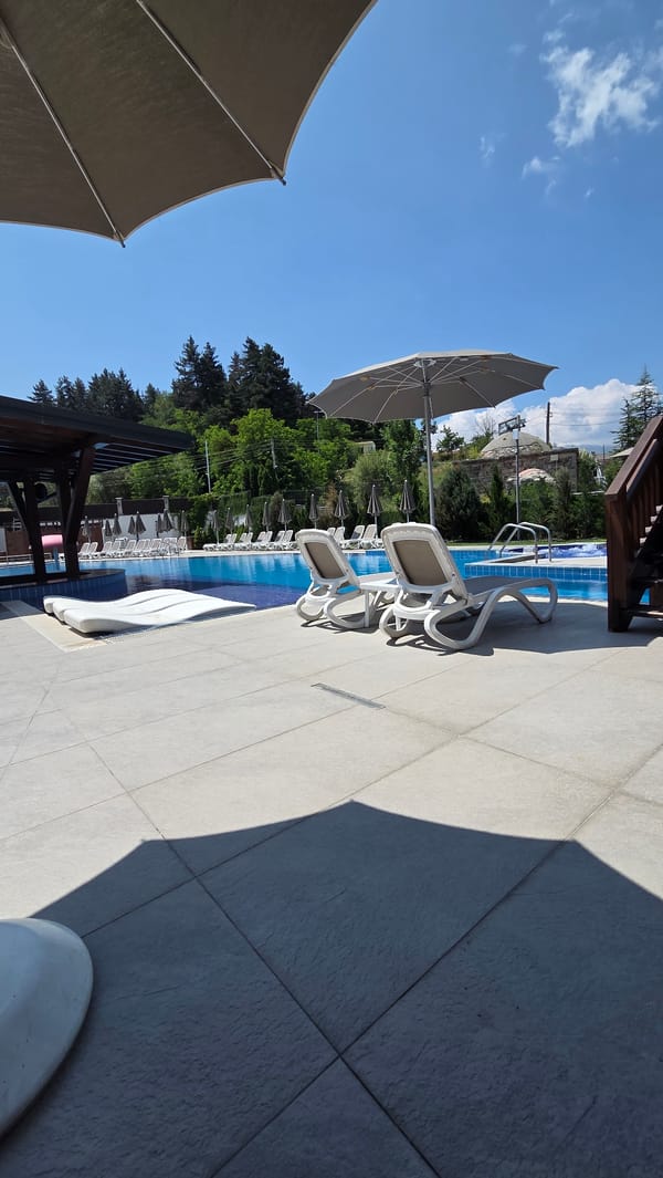 Poolside morning at a resort in Bania, Bulgaria