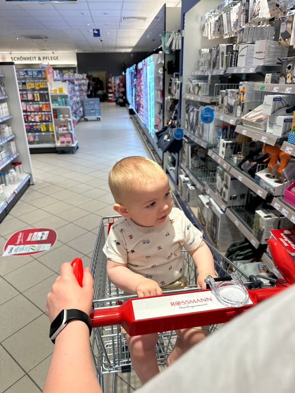 Baby's morning routine captured during family shopping trip in Germany