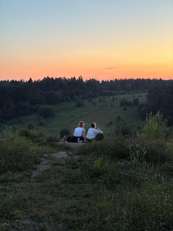 Sunset hangout on a grassy hill overlooking Krasnogorsk's wooded valley