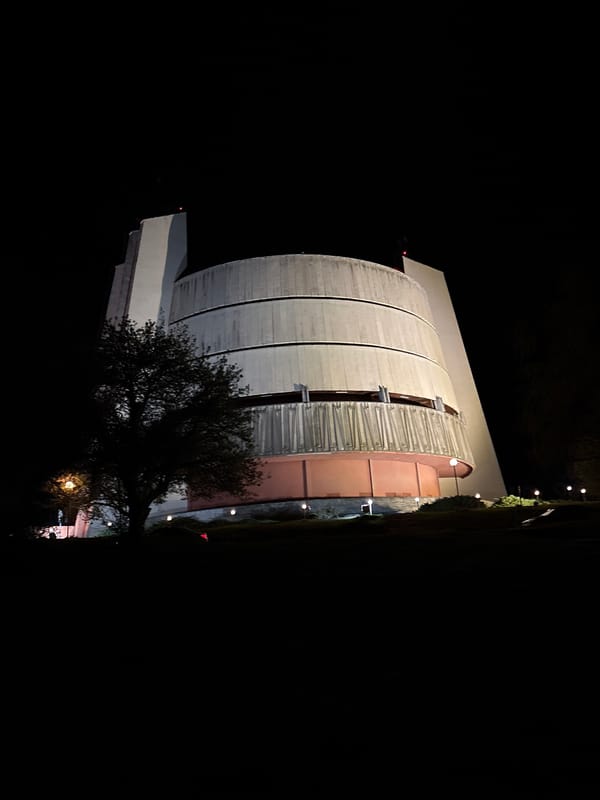 Pleven Panorama's distinctive architecture observed at night in Bulgaria
