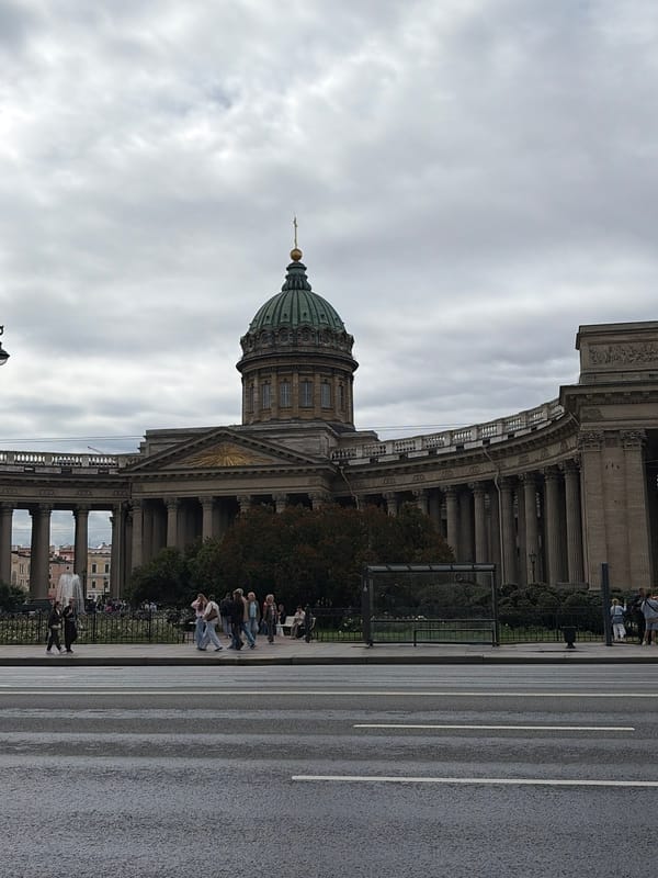 Kazan Cathedral and Nevsky Prospekt on a grey Saint Petersburg morning