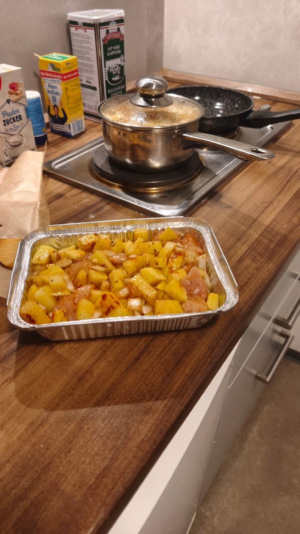 Home cook prepares chicken and potato dinner