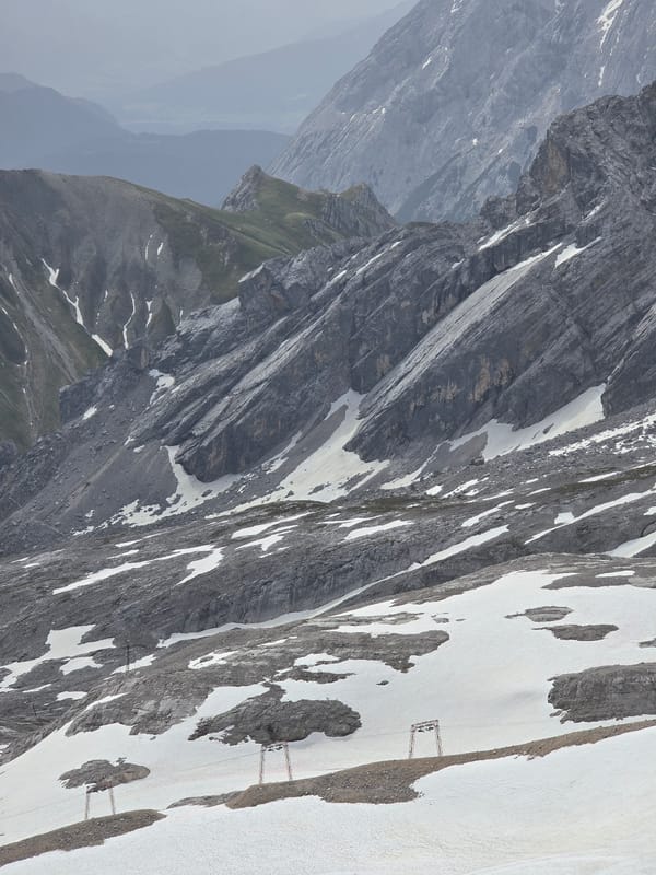 Zugspitze in June: snow, a helicopter, and mountain work underway