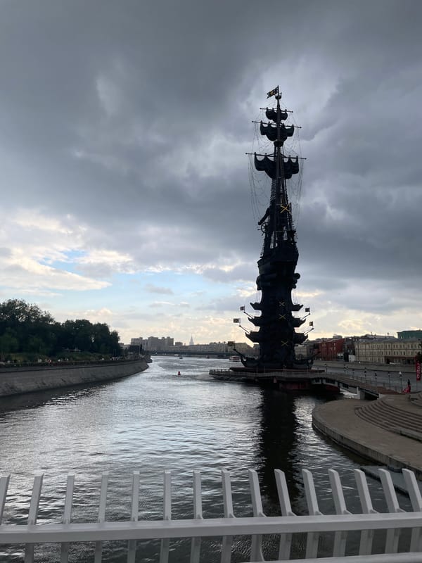 Moscow's giant ship monument and bubble guns on a cloudy afternoon