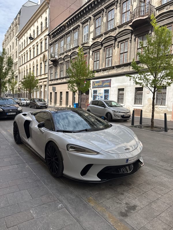 Budapest street scenes: sports car parking, fountain visit documented