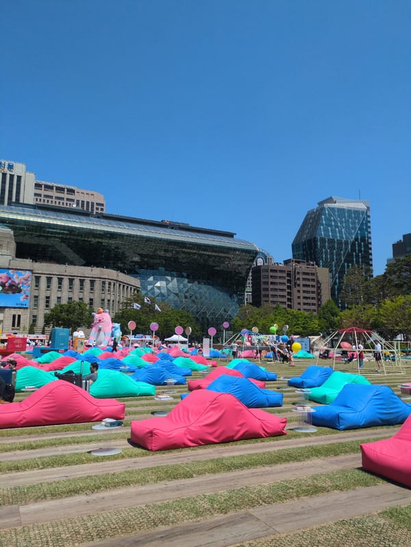 Colorful outdoor installation with beanbags and statues spotted in Seoul