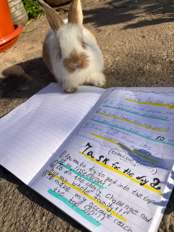 Daily task planning session documented with pet rabbit in Bulgaria