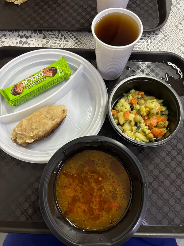 Cafeteria tray with a simple meal in Chaikovsky, Russia