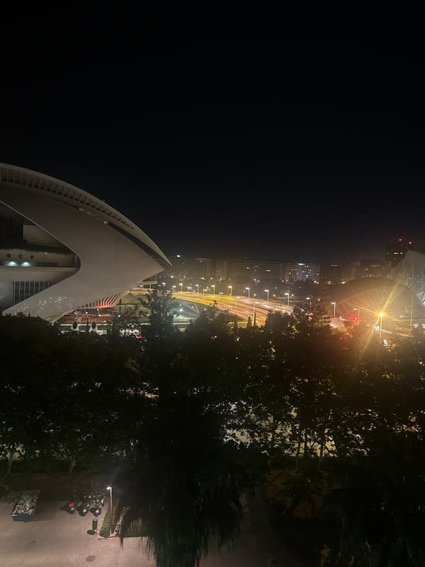 Valencia's Hemisfèric glows at night in late June
