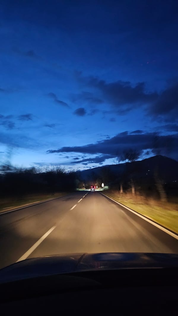 Nighttime highway drive captured near Karlovo, Bulgaria