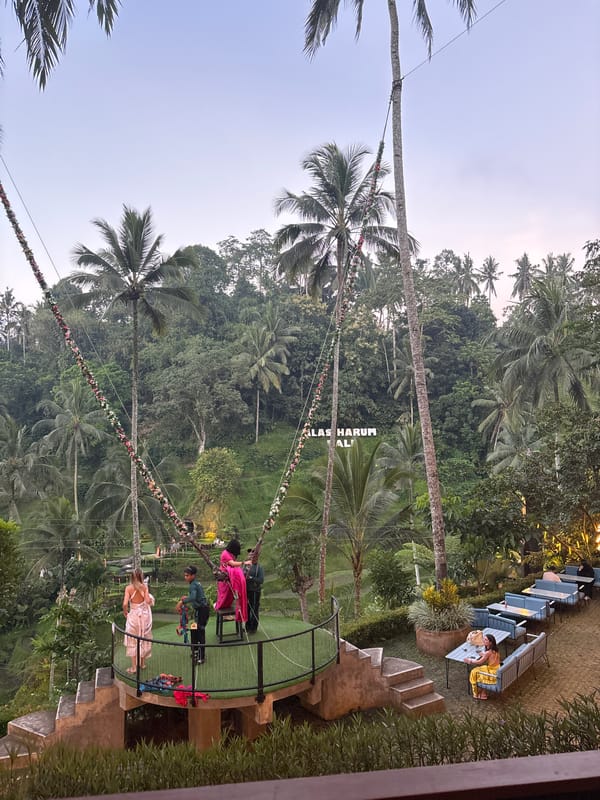 Tourists enjoy swings and view elephant statue in Tegallalang