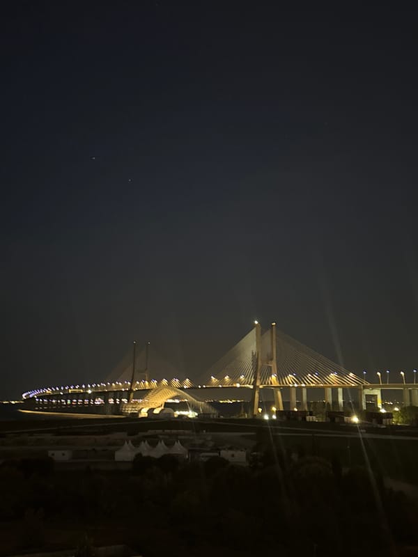 Nighttime view of illuminated Vasco da Gama Bridge captured