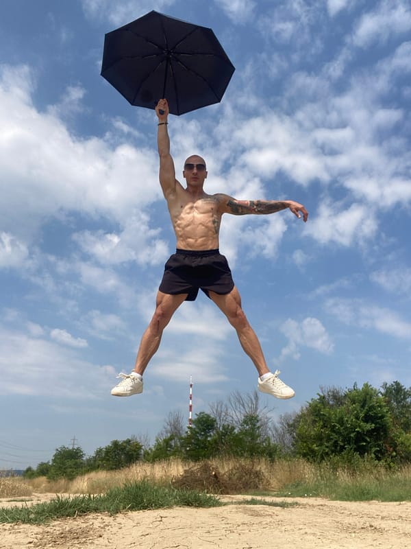 Mid-air jump with umbrella in Pleven, Bulgaria