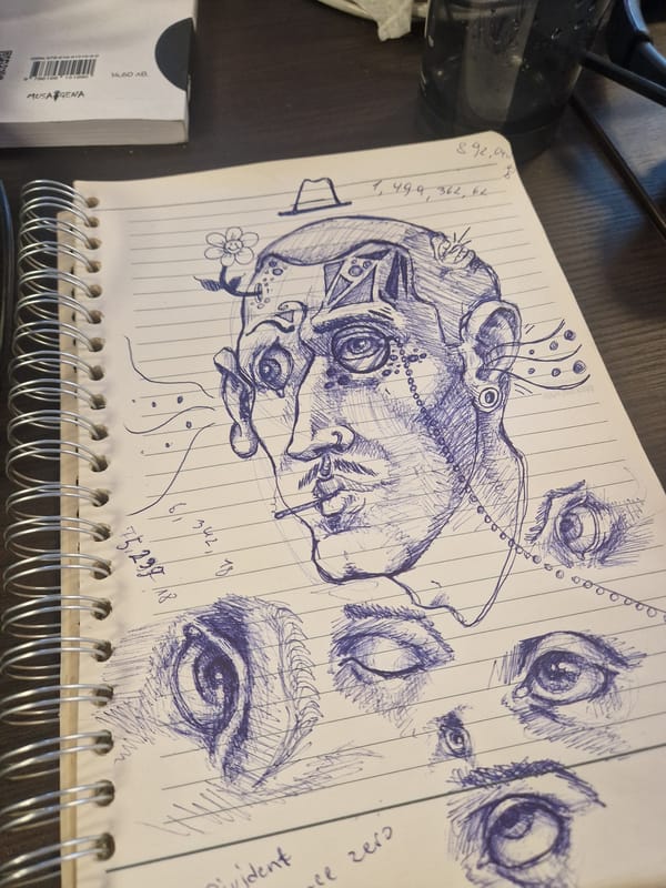 Notebook with eye drawings and "violent zero" notation documented