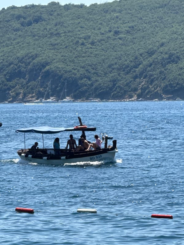 Boats and swimmers on the Adriatic near Budva, Montenegro