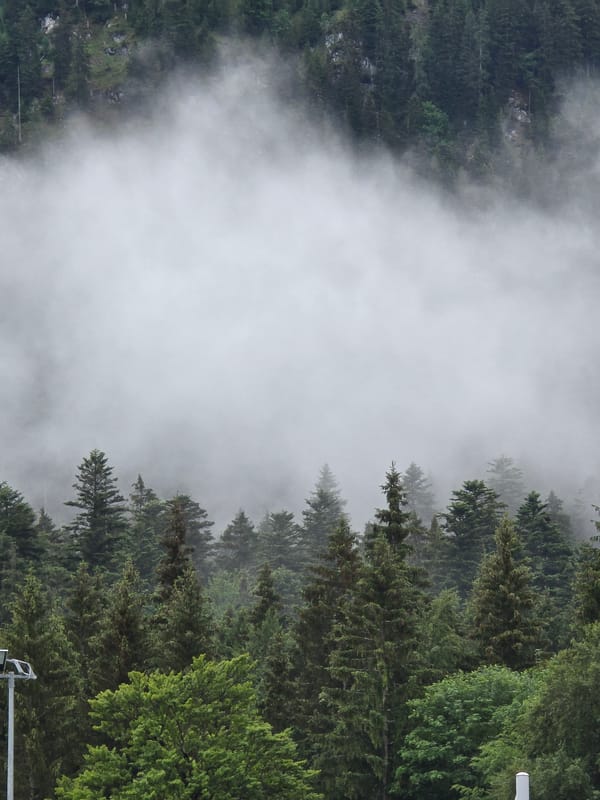 Misty dawn documented at Zugspitze cable car station, Grainau
