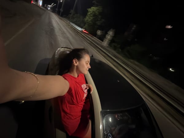 Woman enjoys nighttime car ride in Ruse, Bulgaria