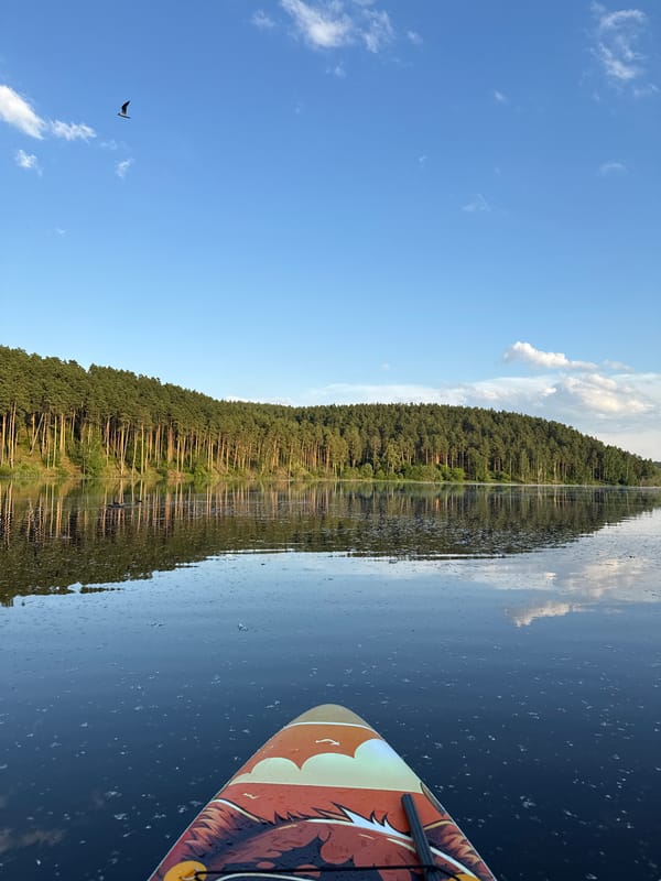 Paddleboarding a quiet lake in the Ural summer