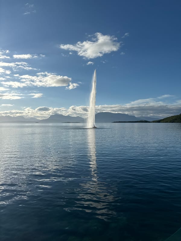 Harstad harbor fountain and waterfront, with indoor selfies nearby