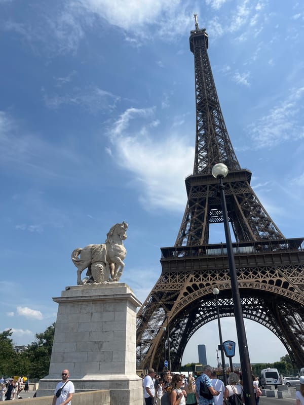 Eiffel Tower from below on a clear summer afternoon