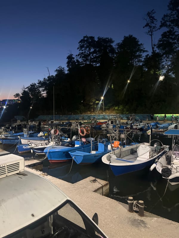 Primorsko harbor at dusk, boats moored under evening lights