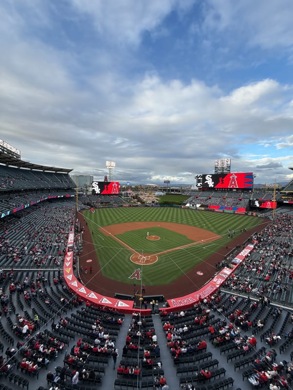 Angel Stadium captured from elevated view during late-night event