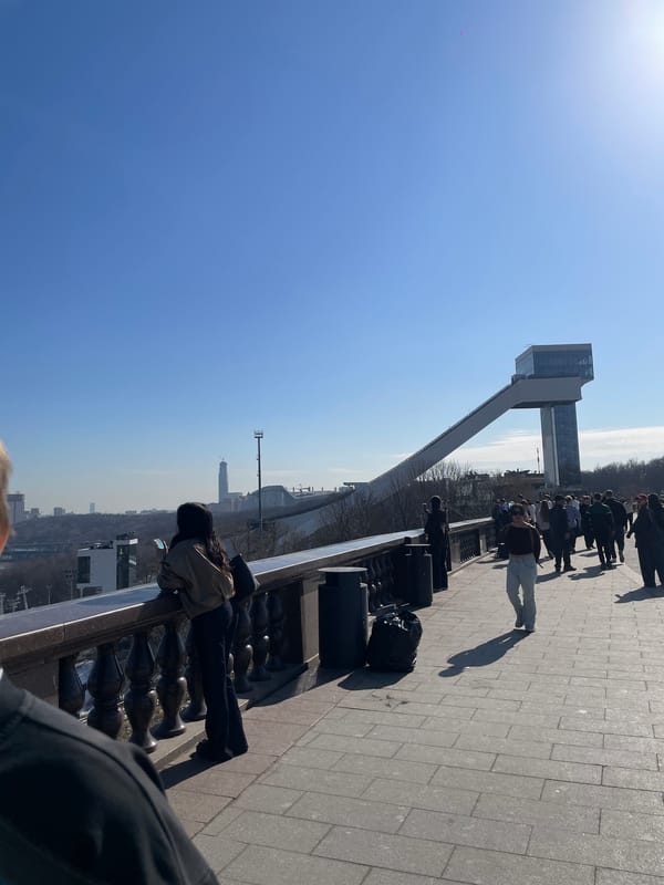 Morning visitors gather on Moscow observation platform