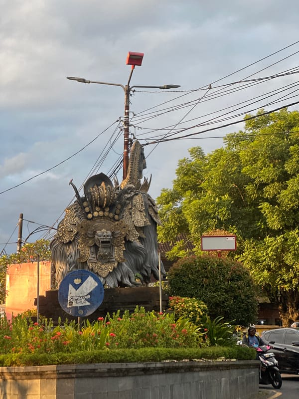 Traditional Balinese streetscape documented in Sukawati under grey skies