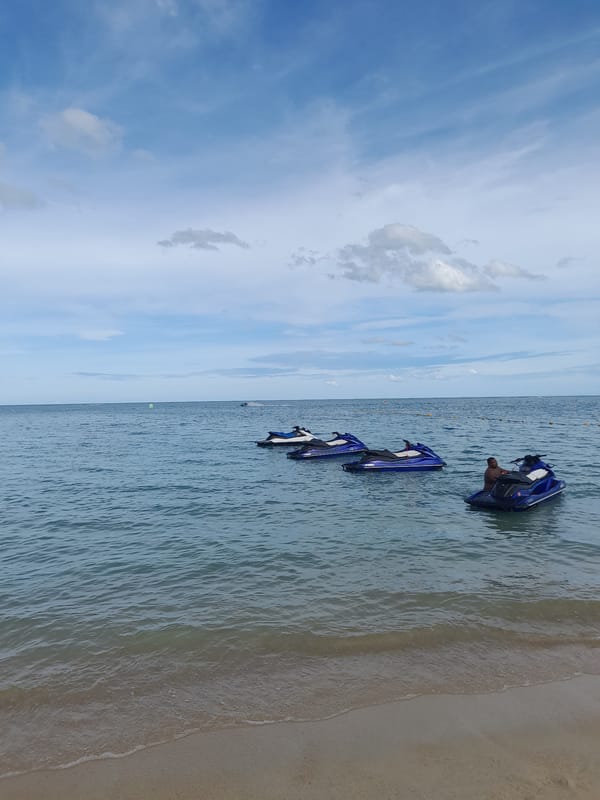 Busy coastal scene: beach activity, pier, jet skis, and a shipwreck