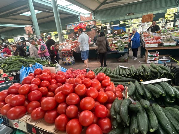 Fresh strawberries and produce sold at morning market in Sliven