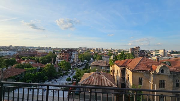 Daytime cityscape captured in Haskovo, Bulgaria under partly cloudy skies