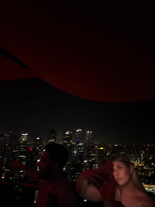 Couple enjoys Singapore skyline view from high-rise balcony