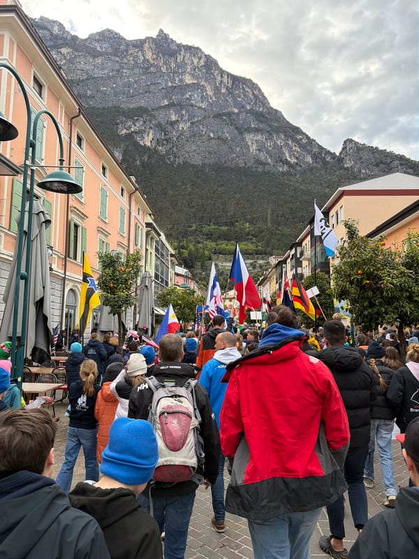 Crowded street scene captured in Riva del Garda, Italy