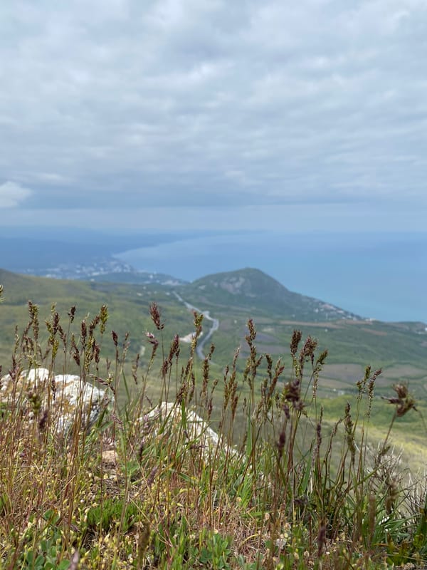 Witness captures overcast coastal mountain views from Ukrainian hillside