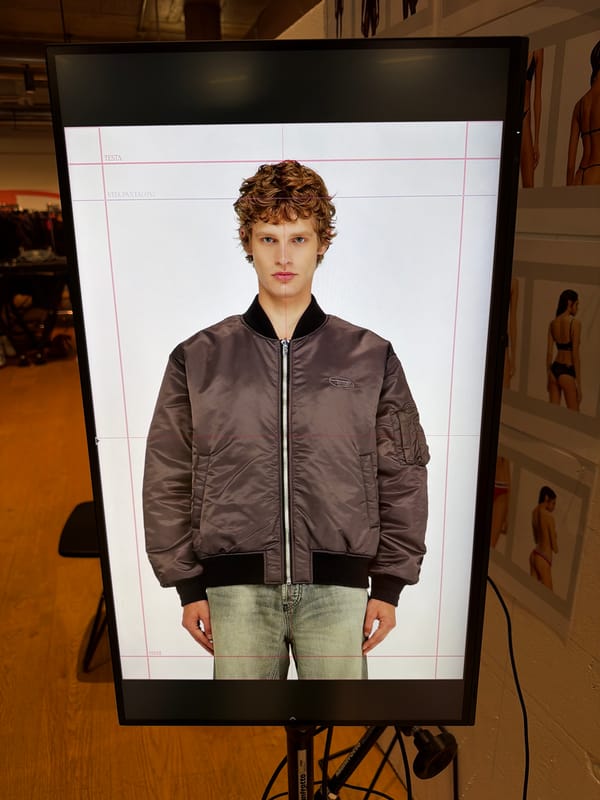 Indoor scenes documented in Mirabella: monitor display, designer sneakers