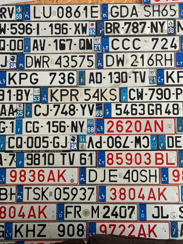 European license plate collection displayed in Khmelnytskyi, Ukraine