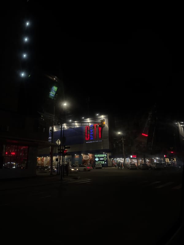Nighttime drive documented through illuminated Yerevan streets