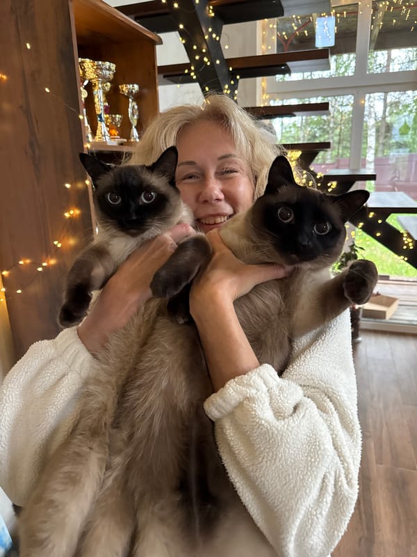 Spring day documented: woman with cats, blooming gardens in Russia