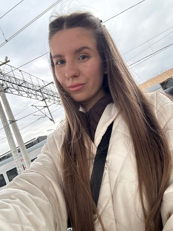 Woman photographed at Klin railway station, Russia