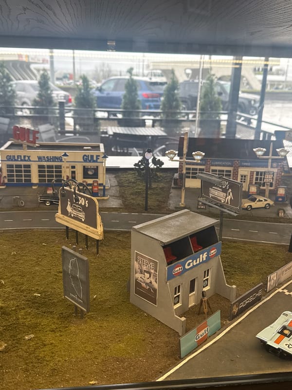 Vintage racing diorama with Gulf station documented in Georgia