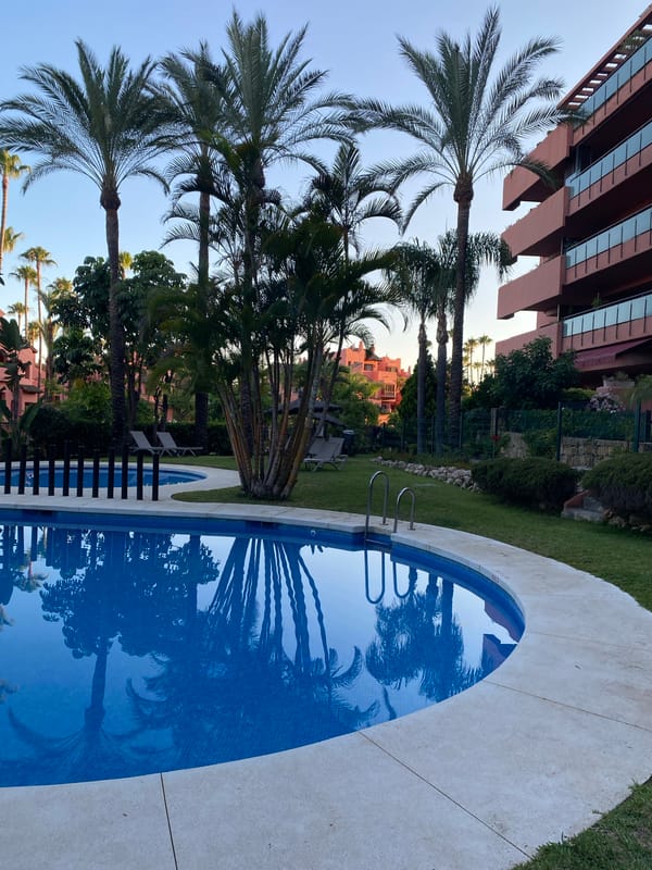 Poolside and garden details at a Costa del Sol resort, dusk