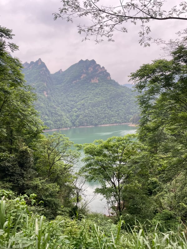 Tourist captures scenic lake views in Wulingyuan mountains