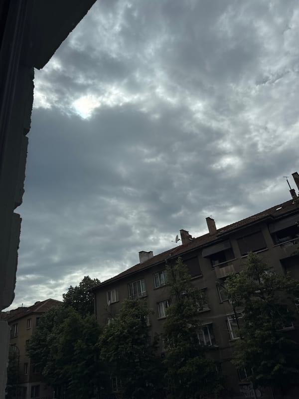 Overcast afternoon in Sofia, sneakers and apartment skies