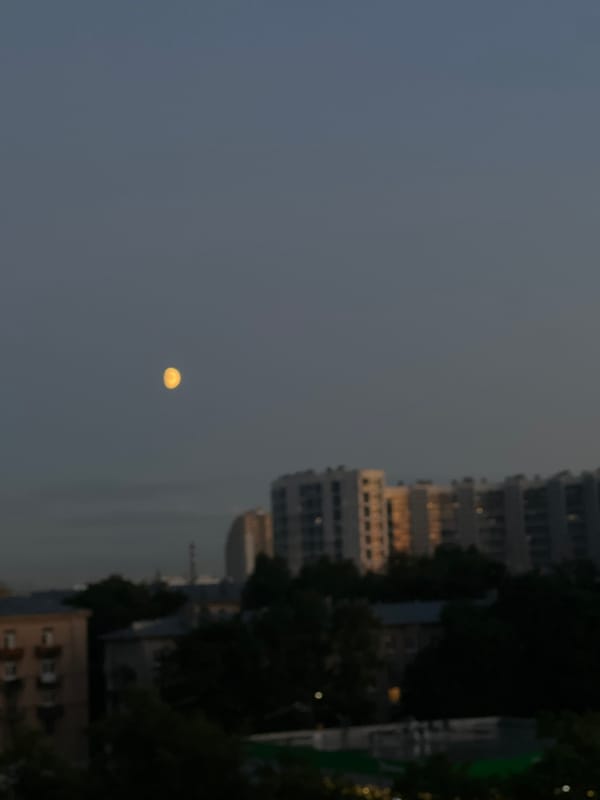 Dusk over Shushary: pylons, tower blocks, and a rising moon