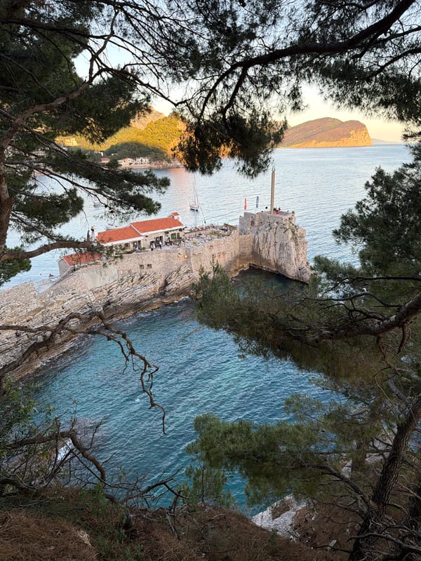 Tourist documents afternoon scenes around Petrovac, Montenegro coastal town