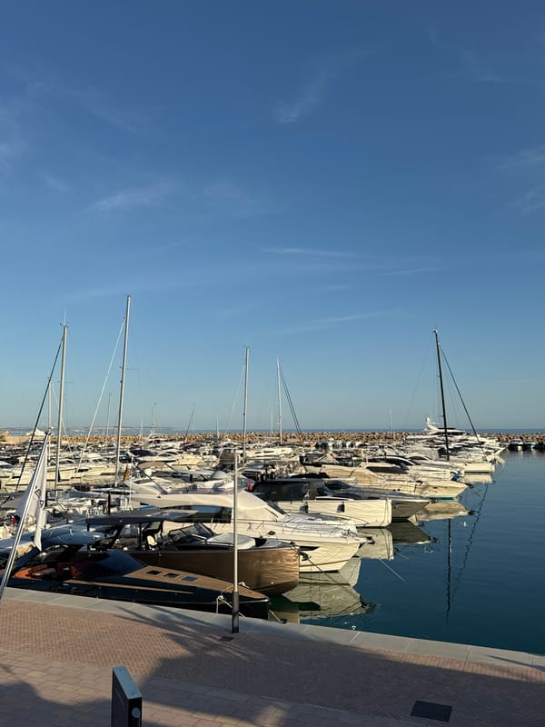 Clear skies frame busy marina scene in Calvià, Spain